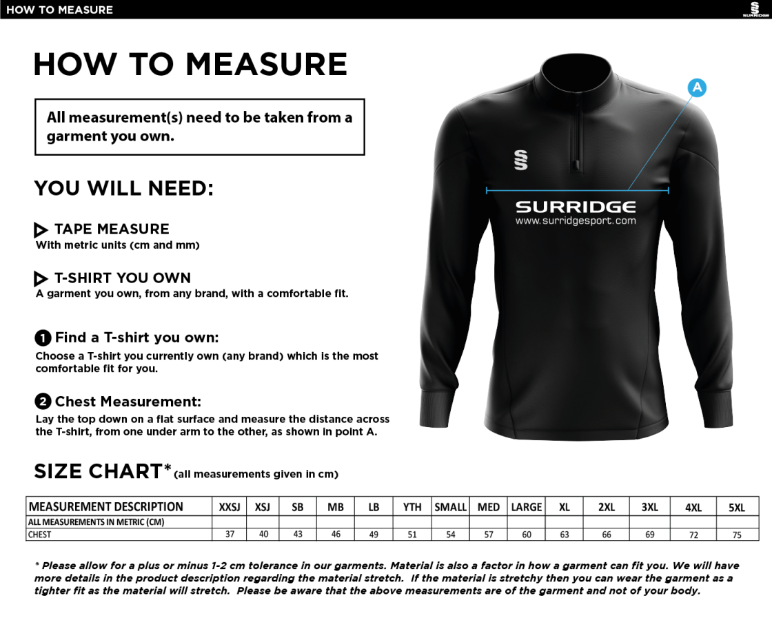 Bramhall Badminton Club 1/4 Zip Dual Performance Top : Navy - Size Guide